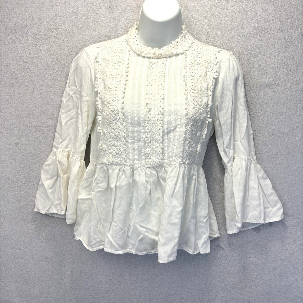ZARA Lace Peplum Blouse Top Womens S White Crochet Ruffle Bell Sleeve Festival
